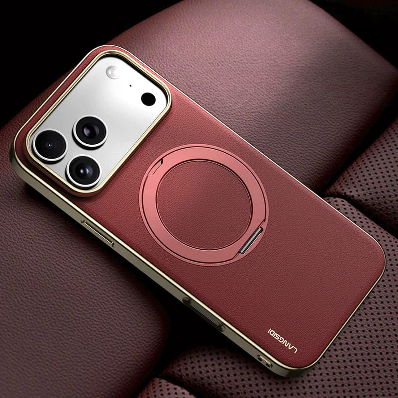 Leather MagSafe iPhone Case with 360° Rotating Ring Stand & Metallic Frame for iPhone 17, 16, 15, 14 Pro Max Plus Air