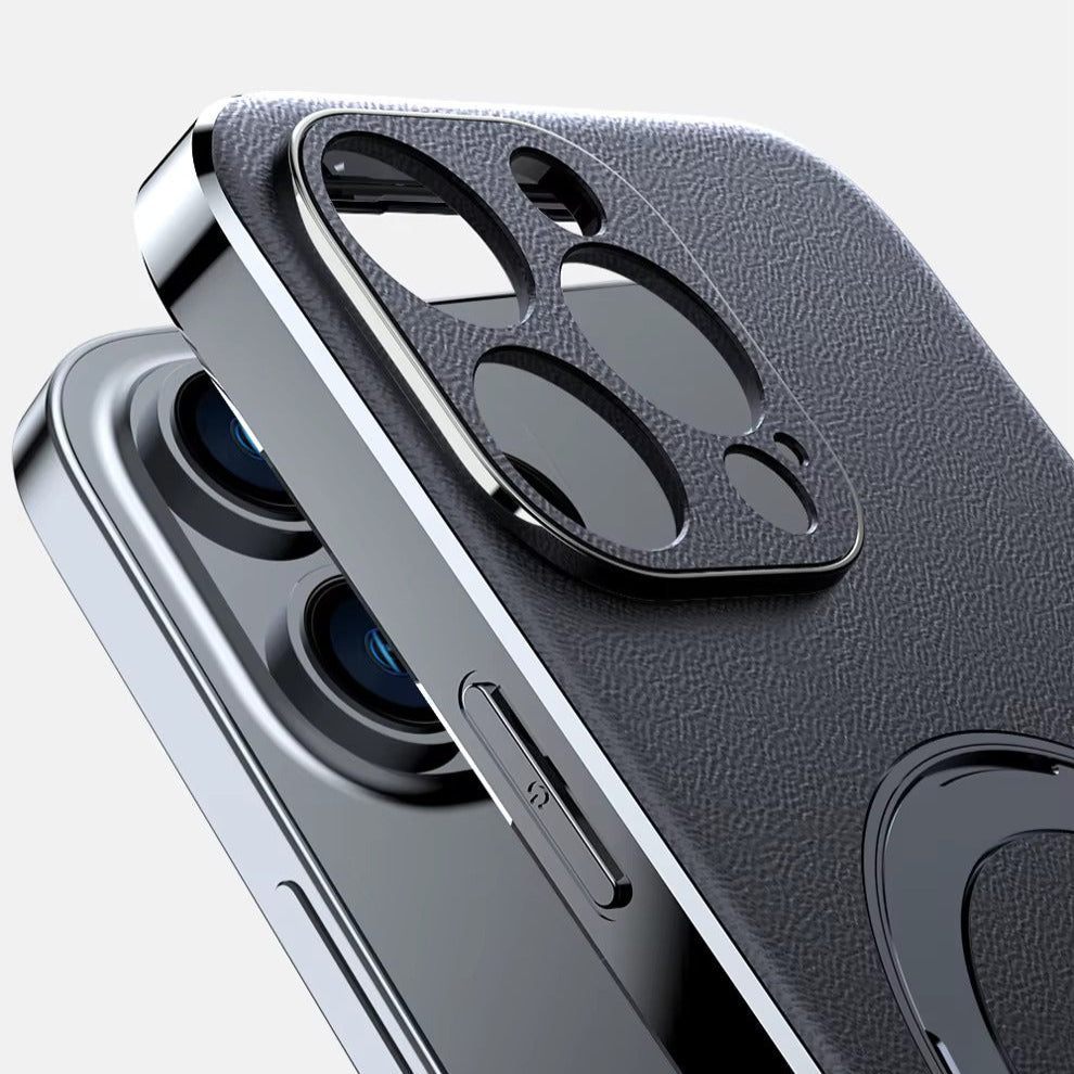 Leather MagSafe iPhone Case with 360° Rotating Ring Stand & Metallic Frame for iPhone 17, 16, 15, 14 Pro Max Plus Air