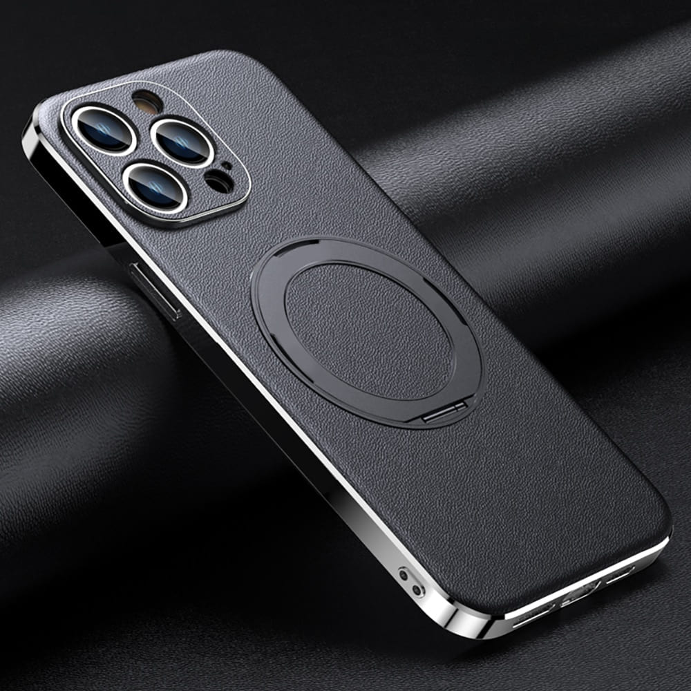 Leather MagSafe iPhone Case with 360° Rotating Ring Stand & Metallic Frame for iPhone 17, 16, 15, 14 Pro Max Plus Air