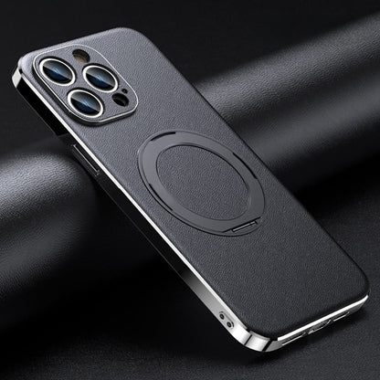 Leather MagSafe iPhone Case with 360° Rotating Ring Stand & Metallic Frame for iPhone 17, 16, 15, 14 Pro Max Plus Air