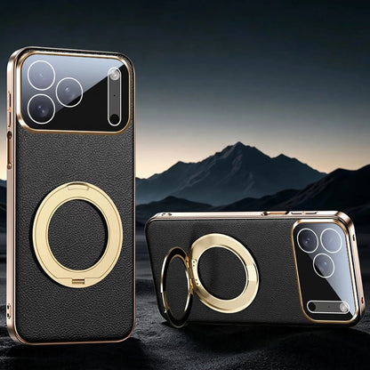 Leather MagSafe iPhone Case with 360° Rotating Ring Stand & Metallic Frame for iPhone 17, 16, 15, 14 Pro Max Plus Air