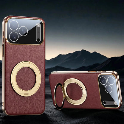 Leather MagSafe iPhone Case with 360° Rotating Ring Stand & Metallic Frame for iPhone 17, 16, 15, 14 Pro Max Plus Air