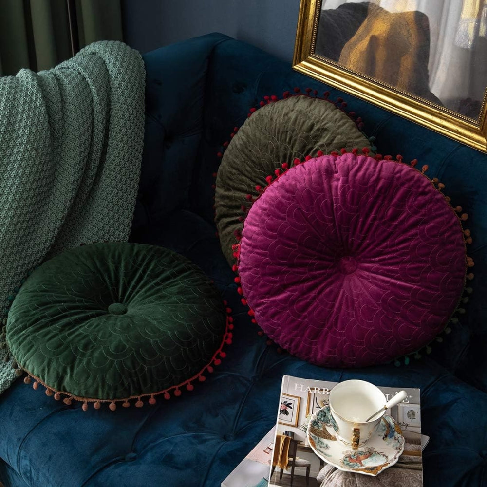 Vesper Round Cushion - Vintage Quilted Velvet, Decorative Pom-Pom Trim