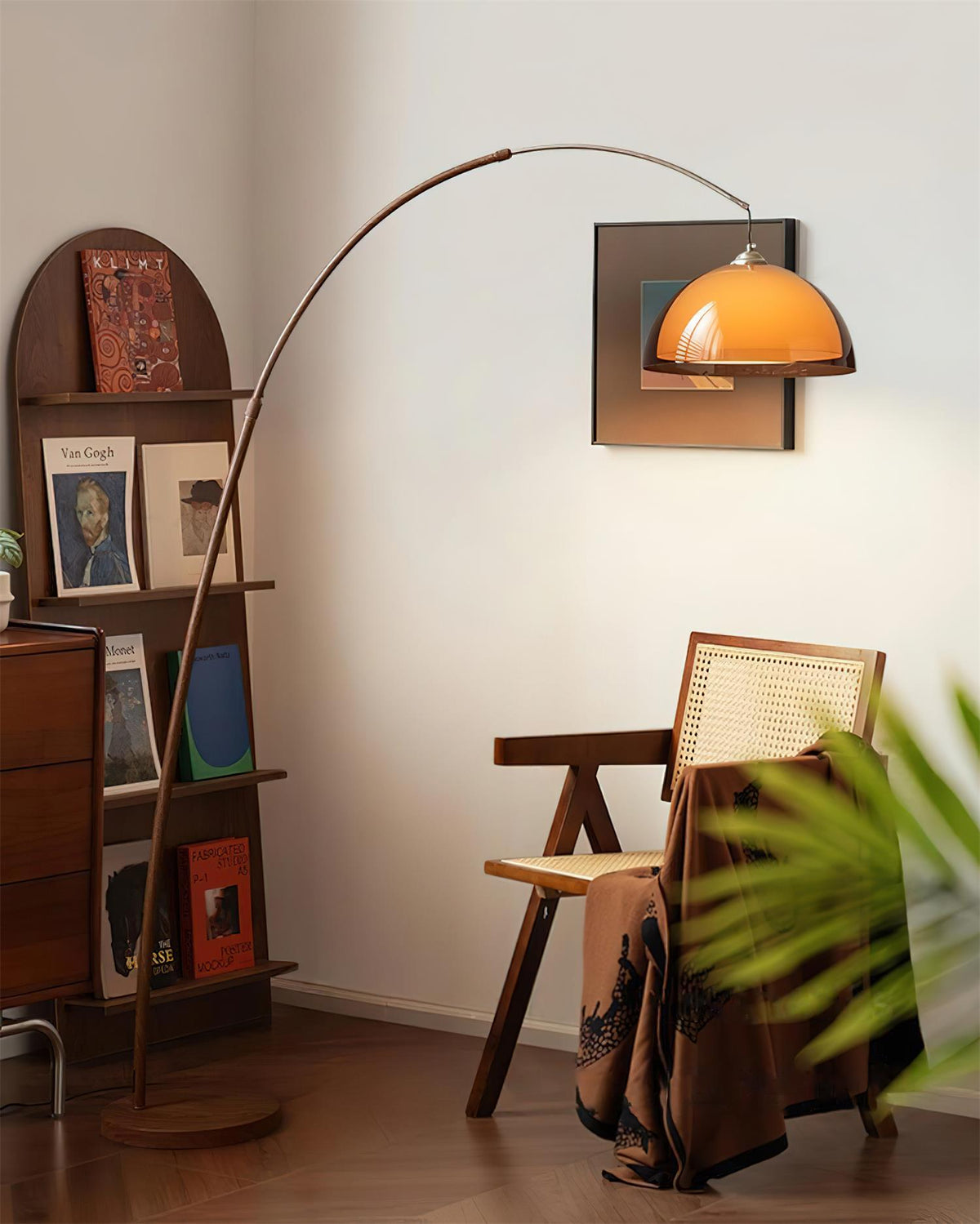 Arc Floor Lamp 65 Inch Adjustable Height Metal Amber Dome Shade Reading Light Over Couch Corner Seating Mid-Century Modern E26 Base Foot Swi