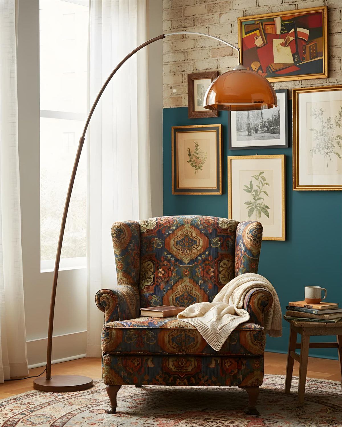 Arc Floor Lamp 65 Inch Adjustable Height Metal Amber Dome Shade Reading Light Over Couch Corner Seating Mid-Century Modern E26 Base Foot Swi