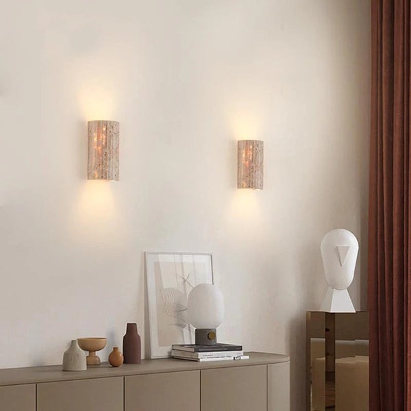 Stone Textured Half-Cylinder LED Indoor Sconce – Travertine Wall Fixture for Bedroom Hallway Living Room – Hardwired E27 Socket 9W Warm Glow