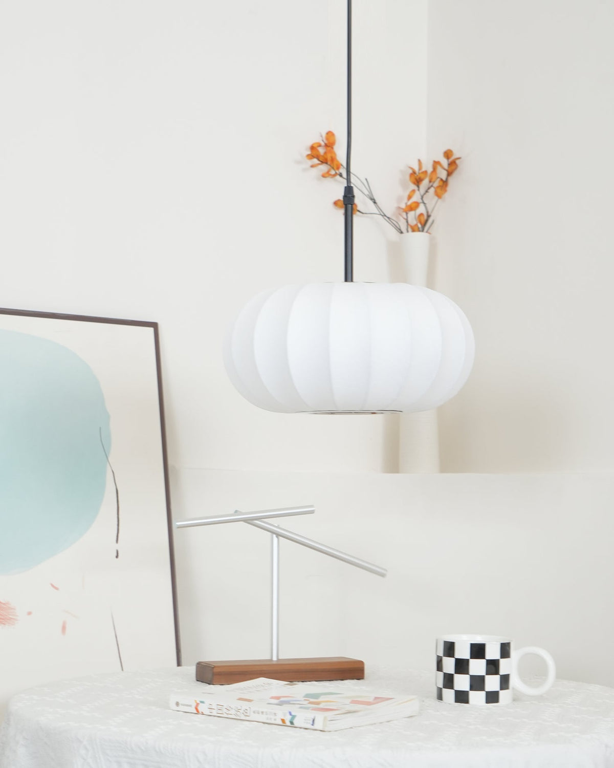 Fabric Drum Shade Hanging Lamp 20-Inch Diameter Height-Adjustable Drop Light for Dining Table Kitchen Counter Island White Black Finish Mode