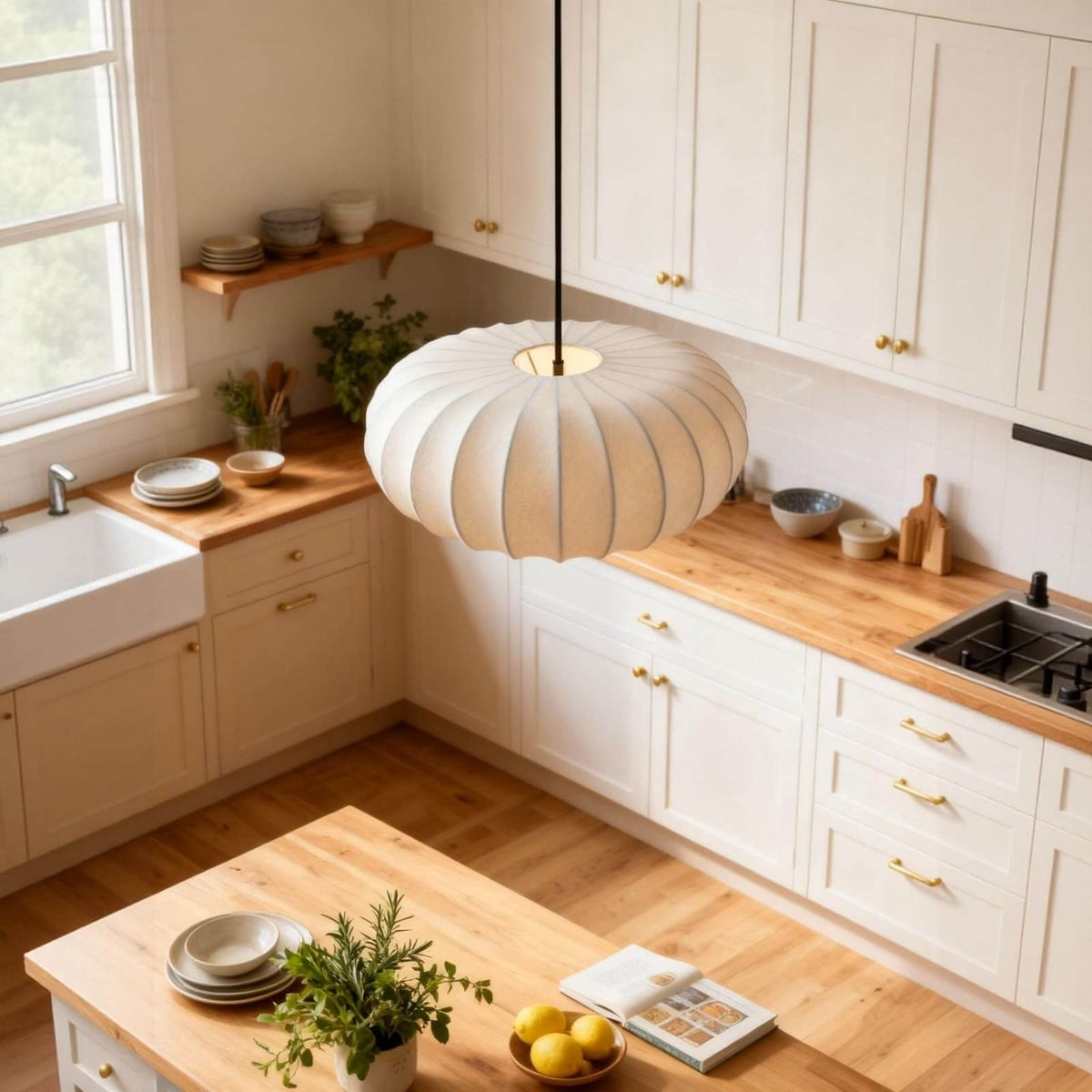 Suspension en soie à forme organique pour salles à manger et salons – Compatible LED à intensité variable, disponible en tailles 12, 16 ou 20 pouces