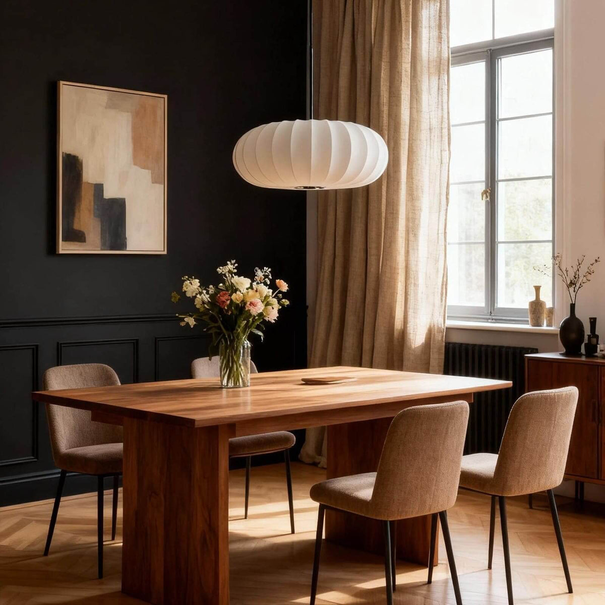 Suspension en soie à forme organique pour salles à manger et salons – Compatible LED à intensité variable, disponible en tailles 12, 16 ou 20 pouces