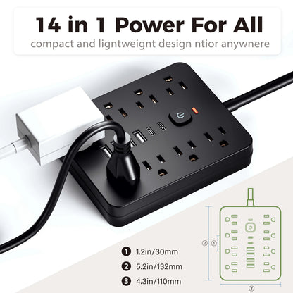 Multiprise avec parasurtenseur, 8 prises CA et 4 ports USB, multiprise à fiche plate avec rallonge pour bureau