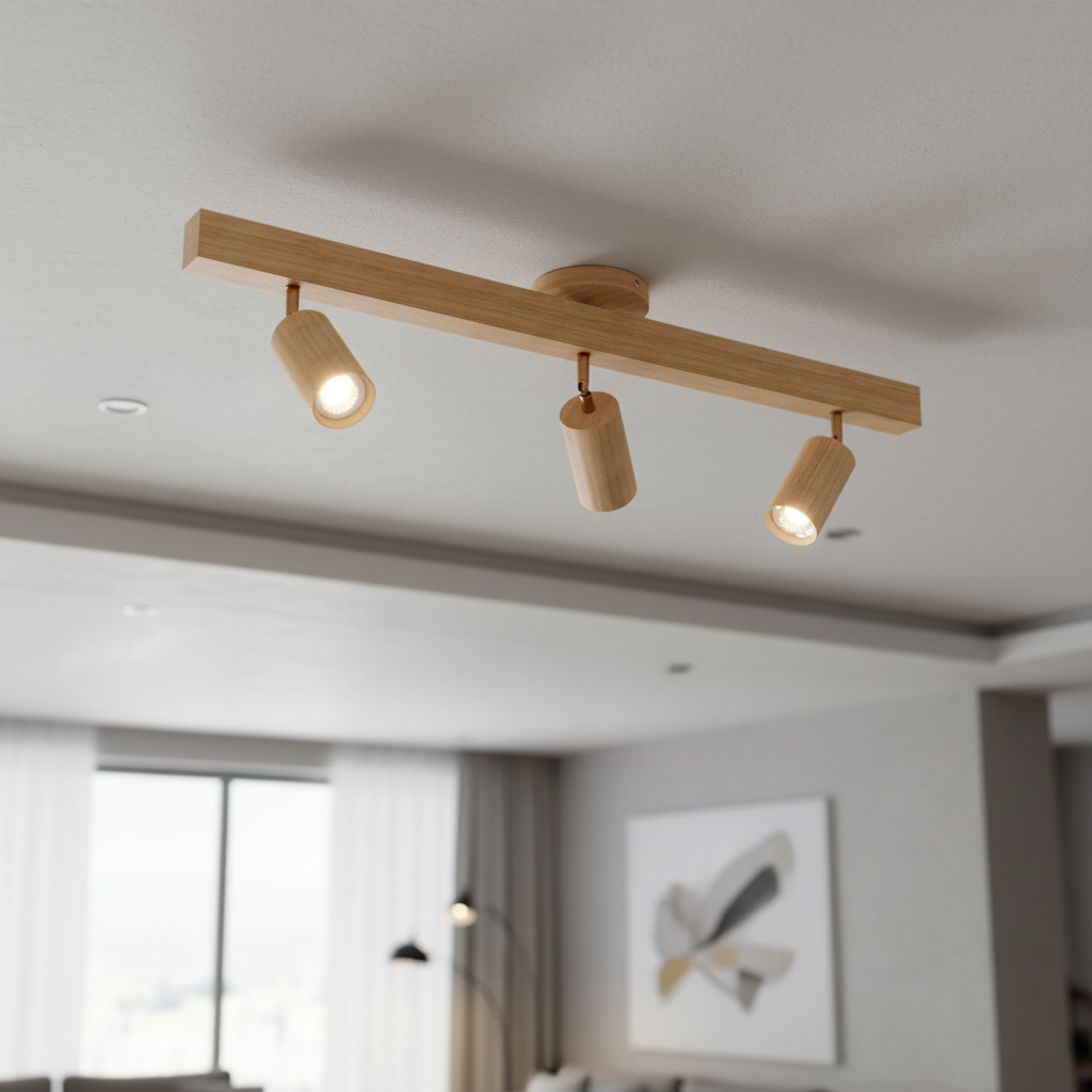 Adjustable Track Light with Wood Finish GU10 Socket Swivel Directional Spotlights for Kitchen Living Room Bedroom Home Accent Task Lighting
