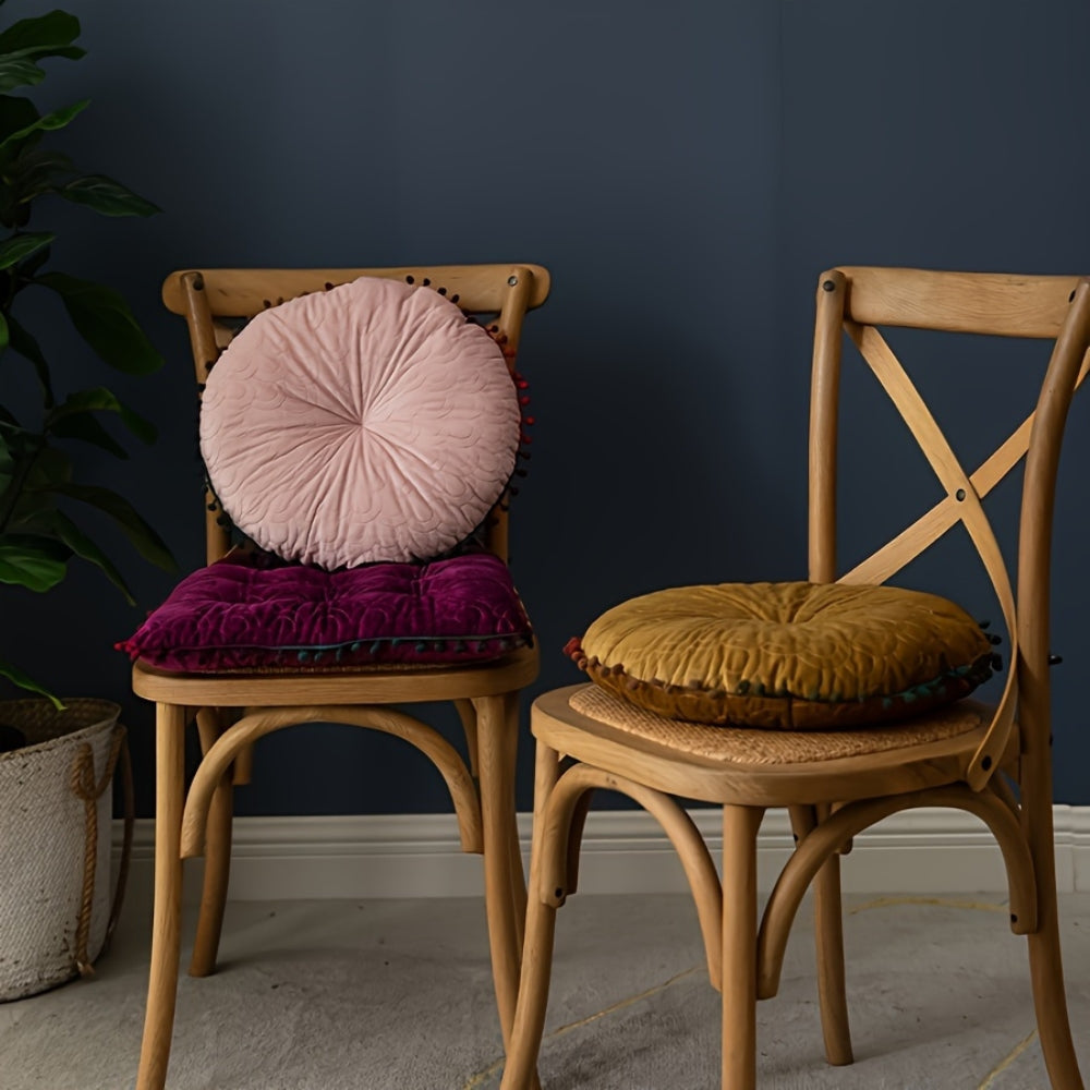 Vesper Round Cushion - Vintage Quilted Velvet, Decorative Pom-Pom Trim