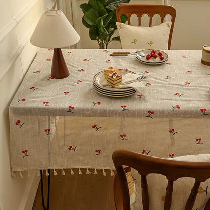 Vesta Tablecloth - Microfiber Blend with Red Cherry Tassels