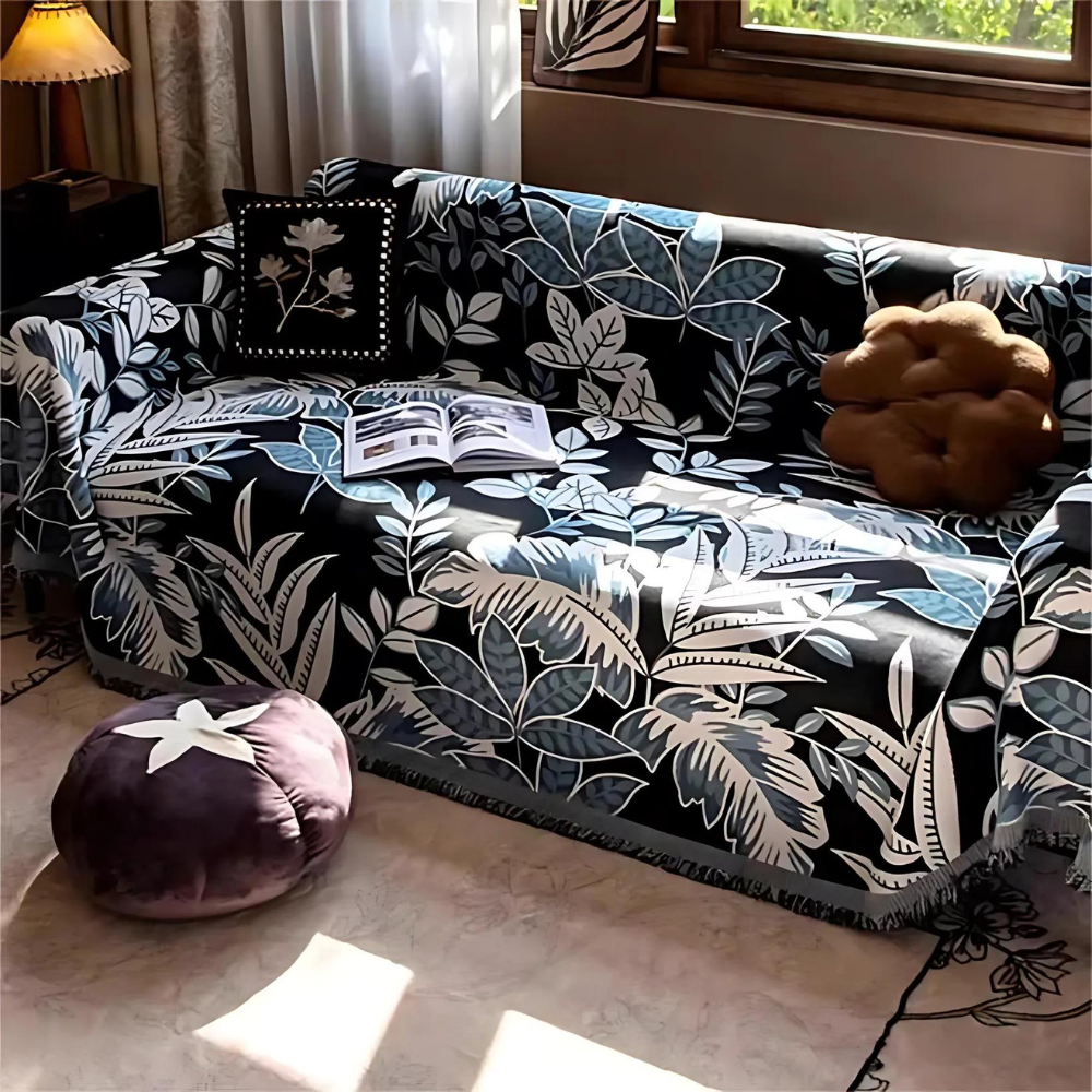Vibrant Chenille Sofa Cover - Soft Fabric, Jungle Style with Tassels