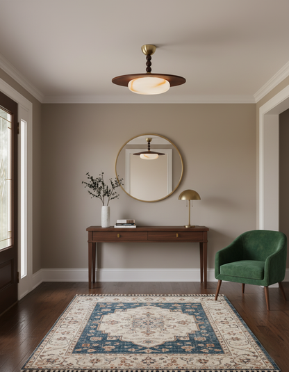 Wood and Alabaster Flush-Mount LED Ceiling Light 14 in Diameter, 36W 3000K for Kitchen Dining Room Bedroom