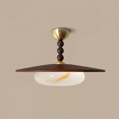 Wood and Alabaster Flush-Mount LED Ceiling Light 14 in Diameter, 36W 3000K for Kitchen Dining Room Bedroom