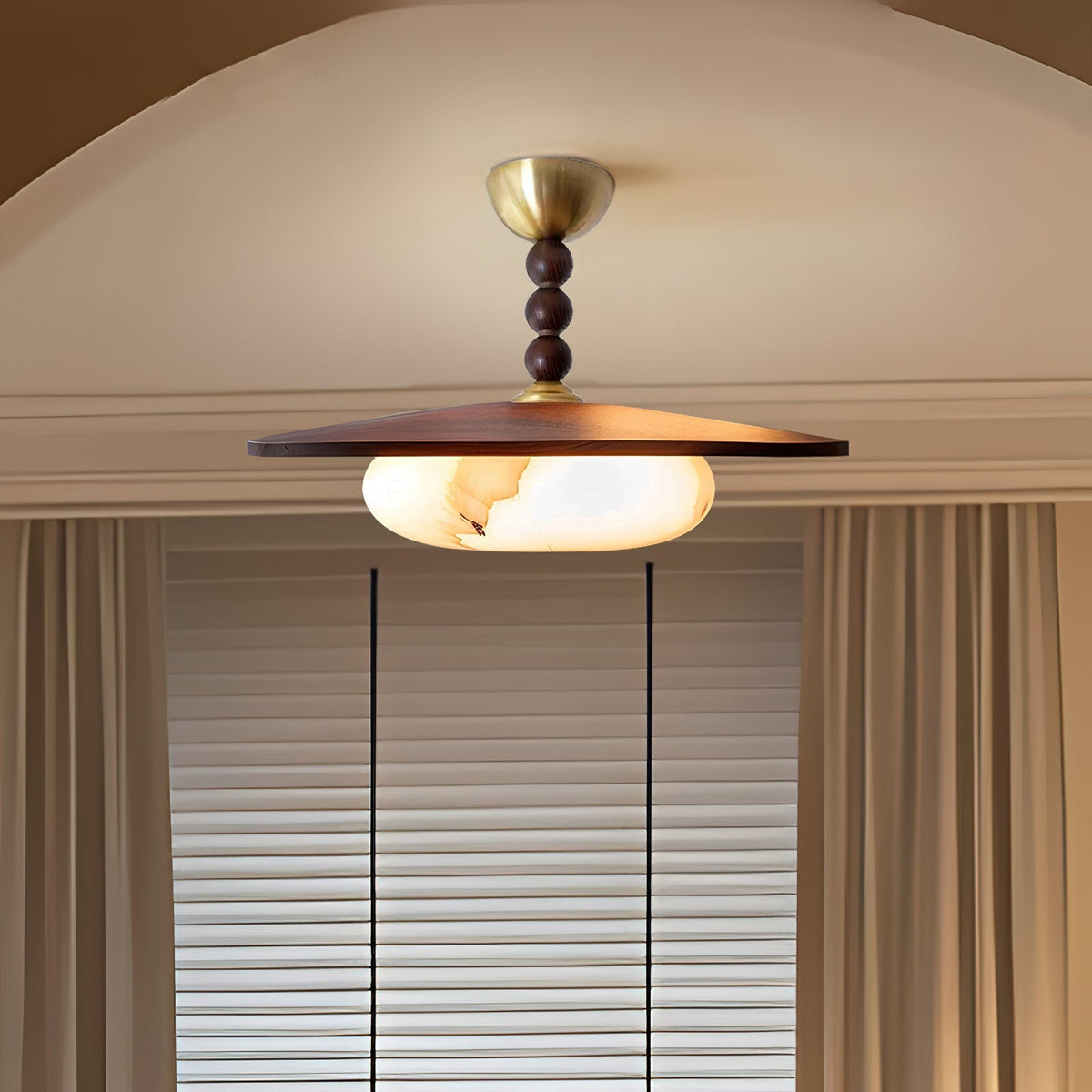 Wood and Alabaster Flush-Mount LED Ceiling Light 14 in Diameter, 36W 3000K for Kitchen Dining Room Bedroom