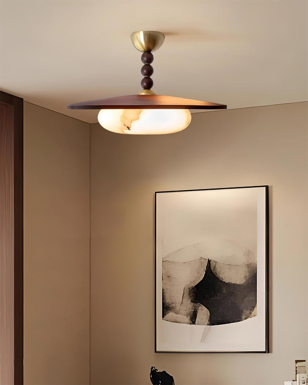 Wood and Alabaster Flush-Mount LED Ceiling Light 14 in Diameter, 36W 3000K for Kitchen Dining Room Bedroom