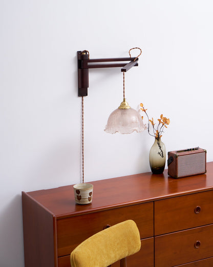Swing-Arm Sconce with Wood & Brass Construction – Adjustable Directional Lighting for Bedroom, Reading Nook, Hallway – Multiple Shade Styles