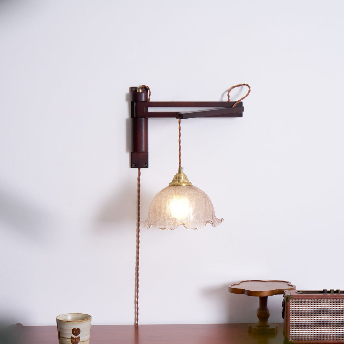 Swing-Arm Sconce with Wood & Brass Construction – Adjustable Directional Lighting for Bedroom, Reading Nook, Hallway – Multiple Shade Styles