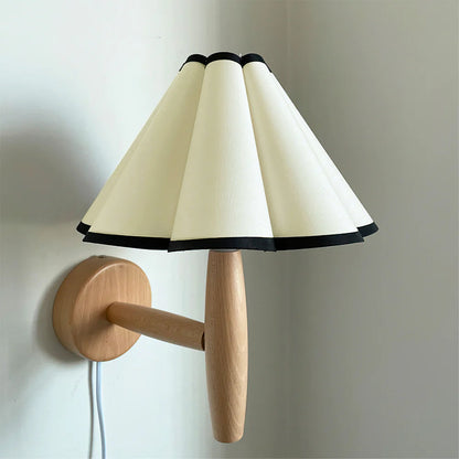 Plug-In Sconce with Fluted Fabric Shade 10 in Diameter Wood Frame for Bedroom Living Room Hallway Reading Nook Vintage Inspired Accent Light