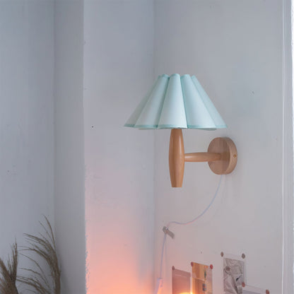 Plug-In Sconce with Fluted Fabric Shade 10 in Diameter Wood Frame for Bedroom Living Room Hallway Reading Nook Vintage Inspired Accent Light