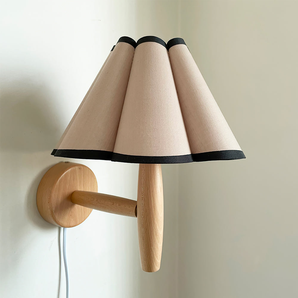 Plug-In Sconce with Fluted Fabric Shade 10 in Diameter Wood Frame for Bedroom Living Room Hallway Reading Nook Vintage Inspired Accent Light