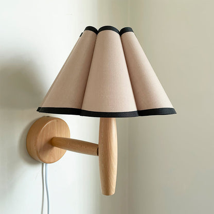 Plug-In Sconce with Fluted Fabric Shade 10 in Diameter Wood Frame for Bedroom Living Room Hallway Reading Nook Vintage Inspired Accent Light