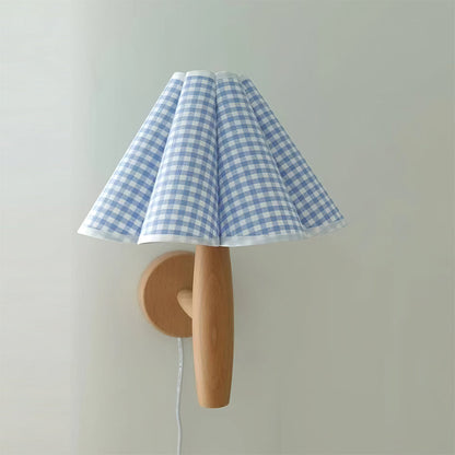 Plug-In Sconce with Fluted Fabric Shade 10 in Diameter Wood Frame for Bedroom Living Room Hallway Reading Nook Vintage Inspired Accent Light