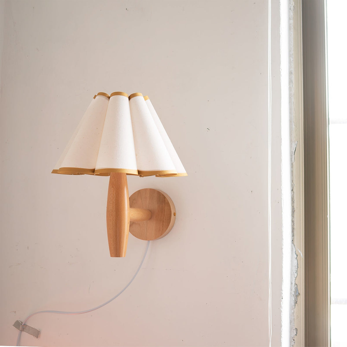 Plug-In Sconce with Fluted Fabric Shade 10 in Diameter Wood Frame for Bedroom Living Room Hallway Reading Nook Vintage Inspired Accent Light
