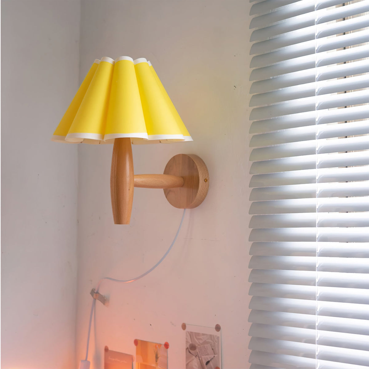 Plug-In Sconce with Fluted Fabric Shade 10 in Diameter Wood Frame for Bedroom Living Room Hallway Reading Nook Vintage Inspired Accent Light