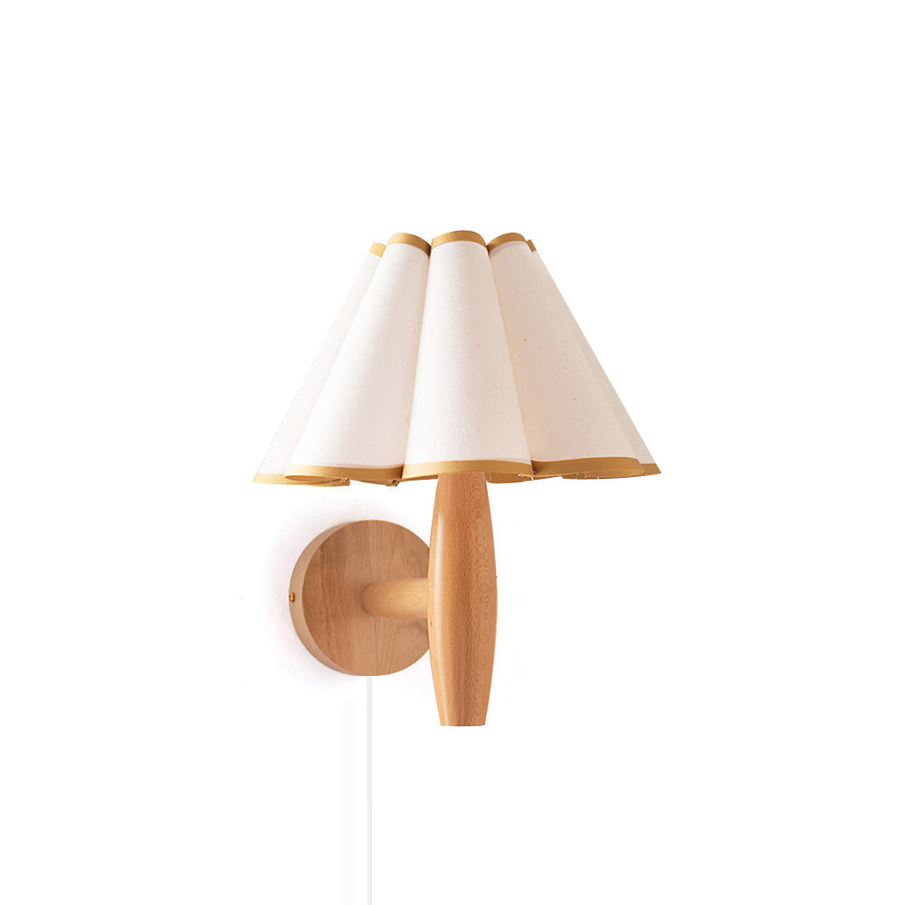 Plug-In Sconce with Fluted Fabric Shade 10 in Diameter Wood Frame for Bedroom Living Room Hallway Reading Nook Vintage Inspired Accent Light