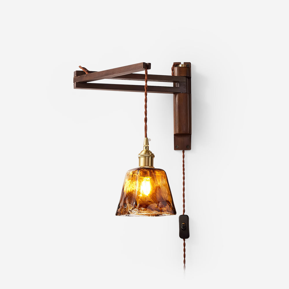 Swing-Arm Sconce with Wood & Brass Construction – Adjustable Directional Lighting for Bedroom, Reading Nook, Hallway – Multiple Shade Styles