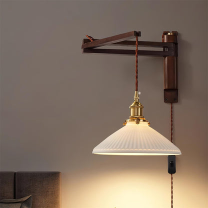 Swing-Arm Sconce with Wood & Brass Construction – Adjustable Directional Lighting for Bedroom, Reading Nook, Hallway – Multiple Shade Styles