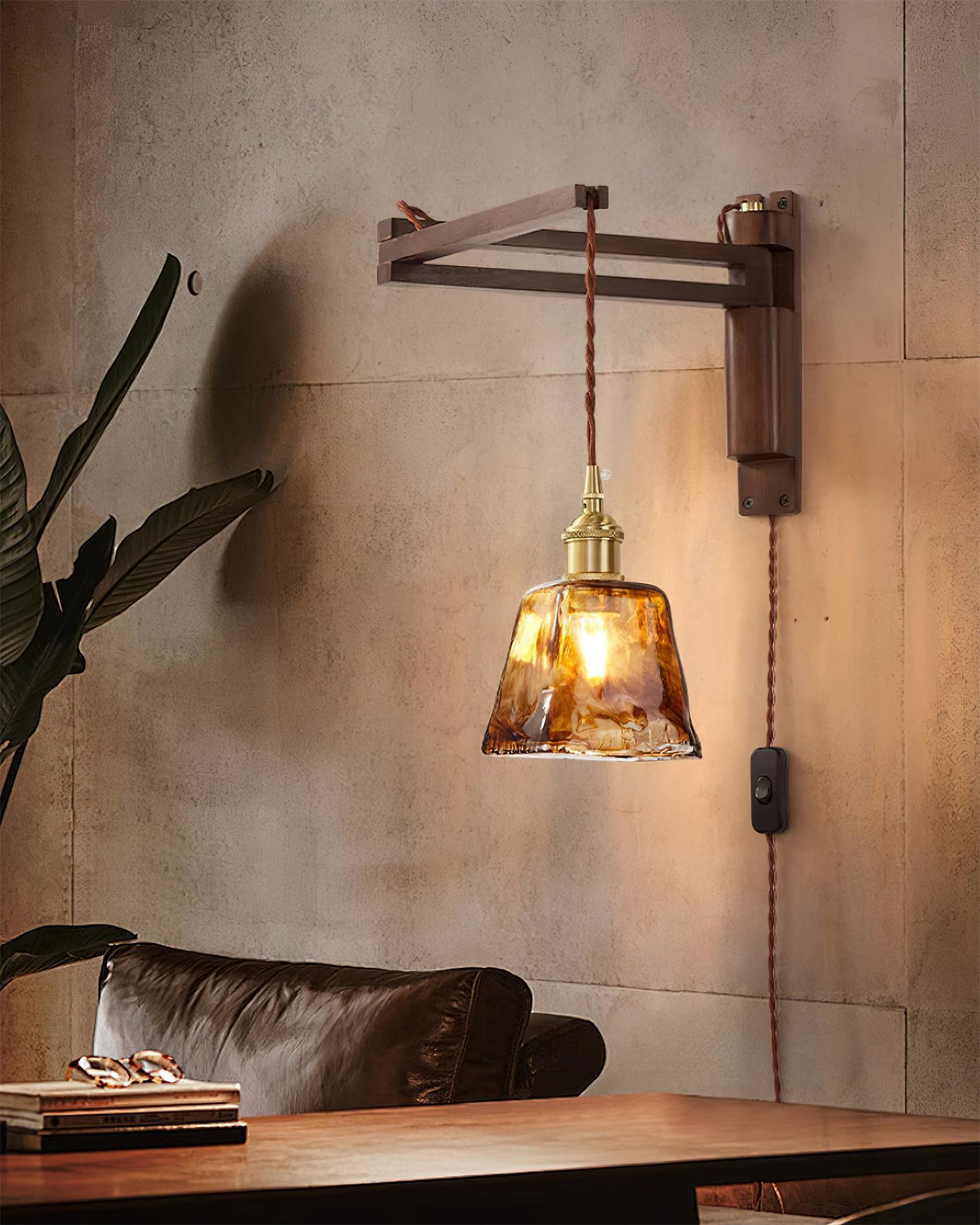 Swing-Arm Sconce with Wood & Brass Construction – Adjustable Directional Lighting for Bedroom, Reading Nook, Hallway – Multiple Shade Styles