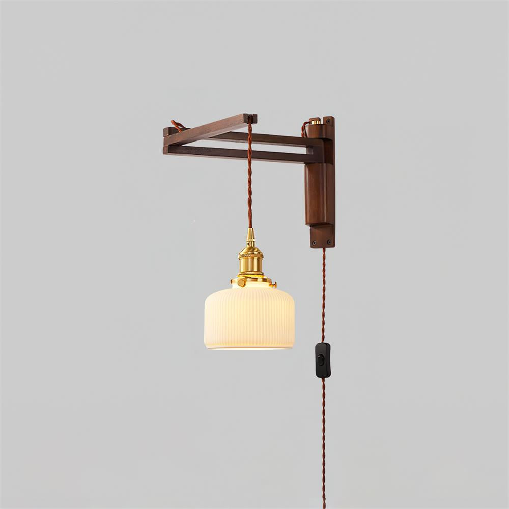 Swing-Arm Sconce with Wood & Brass Construction – Adjustable Directional Lighting for Bedroom, Reading Nook, Hallway – Multiple Shade Styles