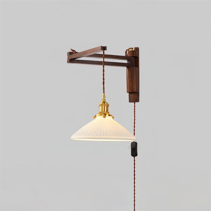 Swing-Arm Sconce with Wood & Brass Construction – Adjustable Directional Lighting for Bedroom, Reading Nook, Hallway – Multiple Shade Styles