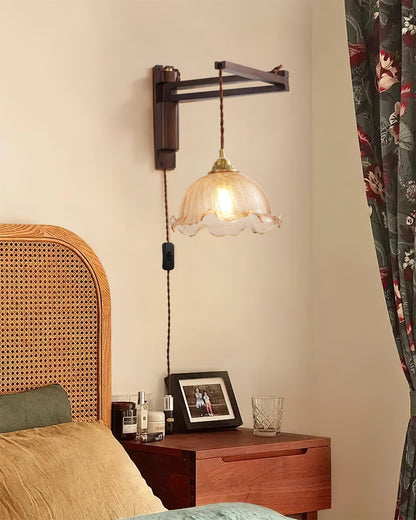 Swing-Arm Sconce with Wood & Brass Construction – Adjustable Directional Lighting for Bedroom, Reading Nook, Hallway – Multiple Shade Styles