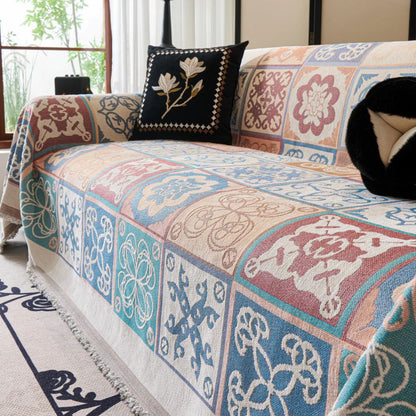 Vivid Mosaic Sofa Cover - Premium Chenille, Mediterranean Tile Throw
