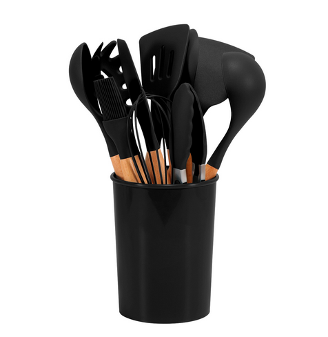 12-Piece Silicone Kitchen Utensil Set with Bamboo Handles and Holder – Heat-Resistant Nonstick Cooking Tools for Home Chefs