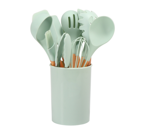 12-Piece Silicone Kitchen Utensil Set with Bamboo Handles and Holder – Heat-Resistant Nonstick Cooking Tools for Home Chefs