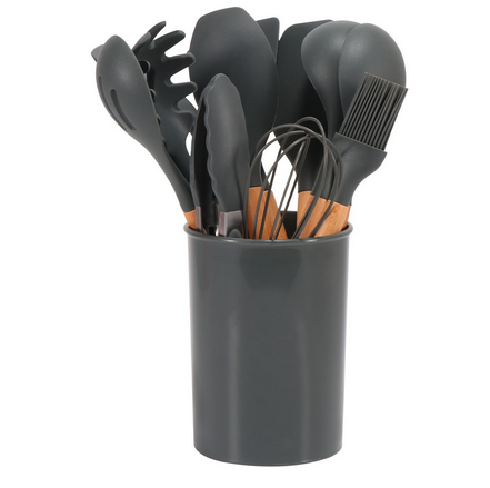 12-Piece Silicone Kitchen Utensil Set with Bamboo Handles and Holder – Heat-Resistant Nonstick Cooking Tools for Home Chefs