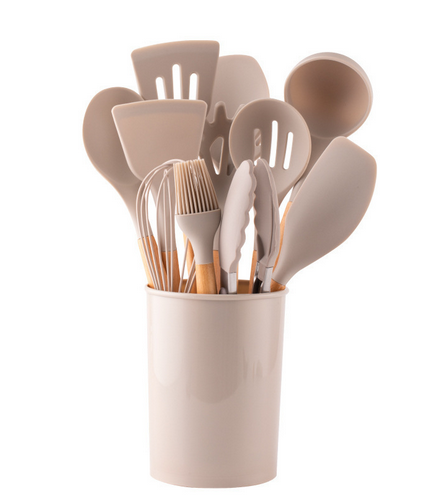 12-Piece Silicone Kitchen Utensil Set with Bamboo Handles and Holder – Heat-Resistant Nonstick Cooking Tools for Home Chefs