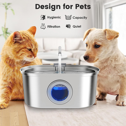 Stainless Steel Pet Water Fountain with Visible Level Window for Cats & Dogs – 0.85 Gallon Circulating Drinking Bowl with Dual Filter