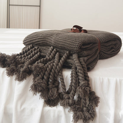 Waffle Knit Throw Blanket with Knotted Tassels – Soft and Warm Acrylic Blanket