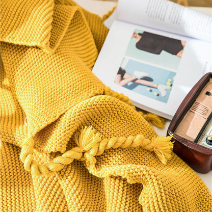 Waffle Knit Throw Blanket with Knotted Tassels – Soft and Warm Acrylic Blanket
