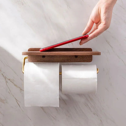 Walnut Wood Toilet Paper Holder with Integrated Shelf – Modern Bathroom Accessory, Wall-Mounted Design