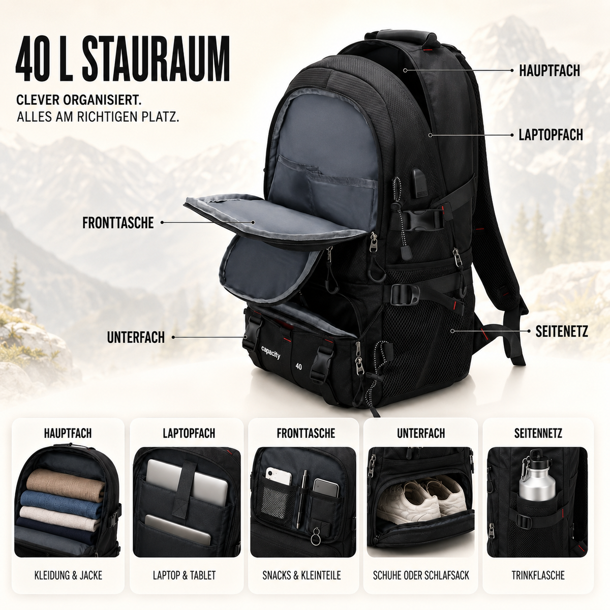 40L Hiking Backpack with USB Charging Port for Multi-Day Treks & Camping Trips – Water-Resistant Outdoor Daypack with Laptop Sleeve
