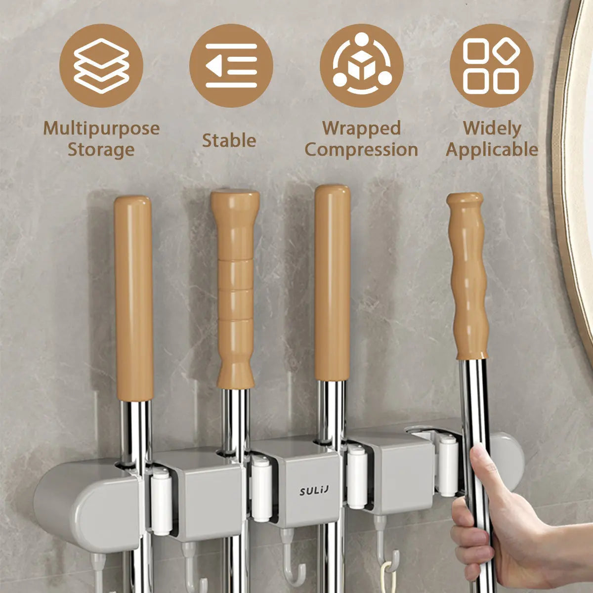 Wall-Mount Tool Organizer for Brooms, Mops & Household Items – Space-Saving Storage Rack for Garage, Closet & Utility Room – Sturdy Grip Hol