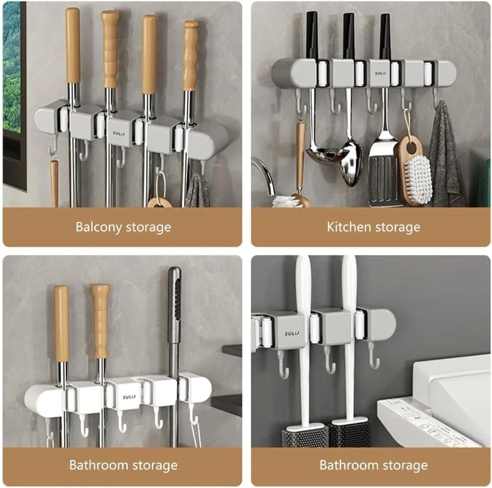 Wall-Mount Tool Organizer for Brooms, Mops & Household Items – Space-Saving Storage Rack for Garage, Closet & Utility Room – Sturdy Grip Hol